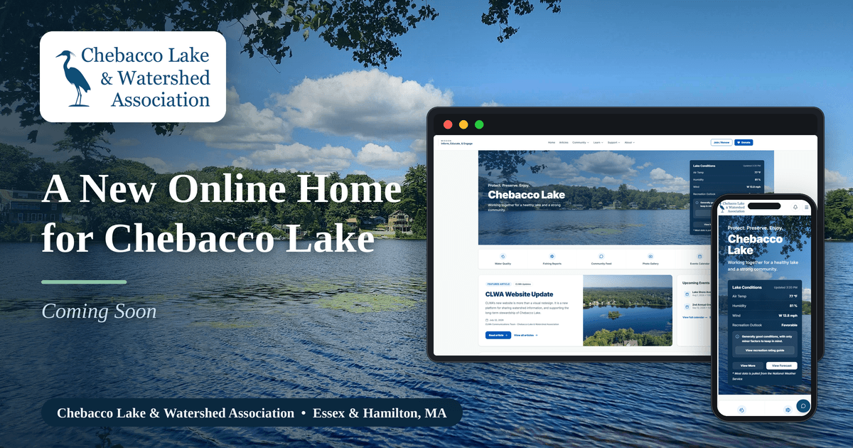 A wide view of Chebacco Lake and the surrounding wooded shoreline.